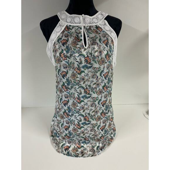 Pale Sky Floral Blouse Sleeveless Large Crochet Collar Boho Lined - Picture 1 of 13